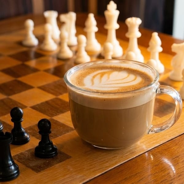 A clear mug of latte with foam art sits on a wooden chessboard with black and white pieces.
