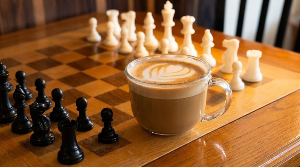 A clear mug of latte with foam art sits on a wooden chessboard with black and white pieces.